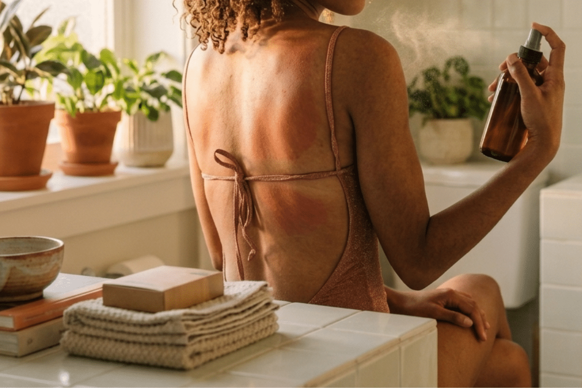 sunburned girl spraying a diy sunburn relief spray on shoulder