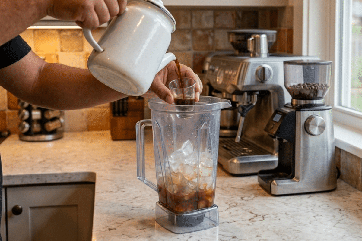 man pouring coffee into blender