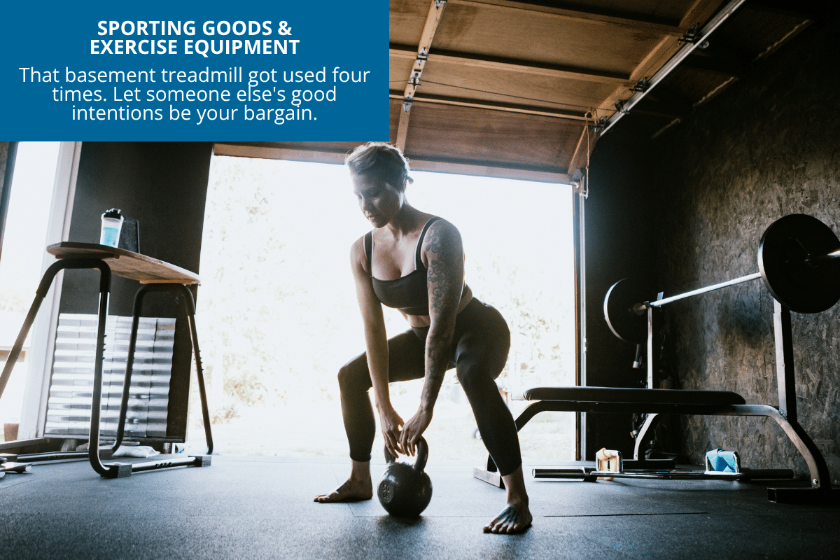 sporting goods and exercise equipment in garage as woman works out