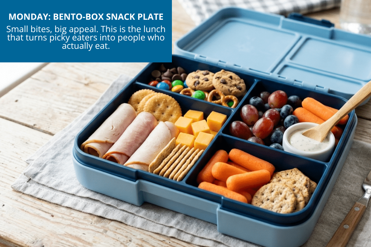 monday bento-box snack plate for kids pretzels crackers cheese meat grapes carrots