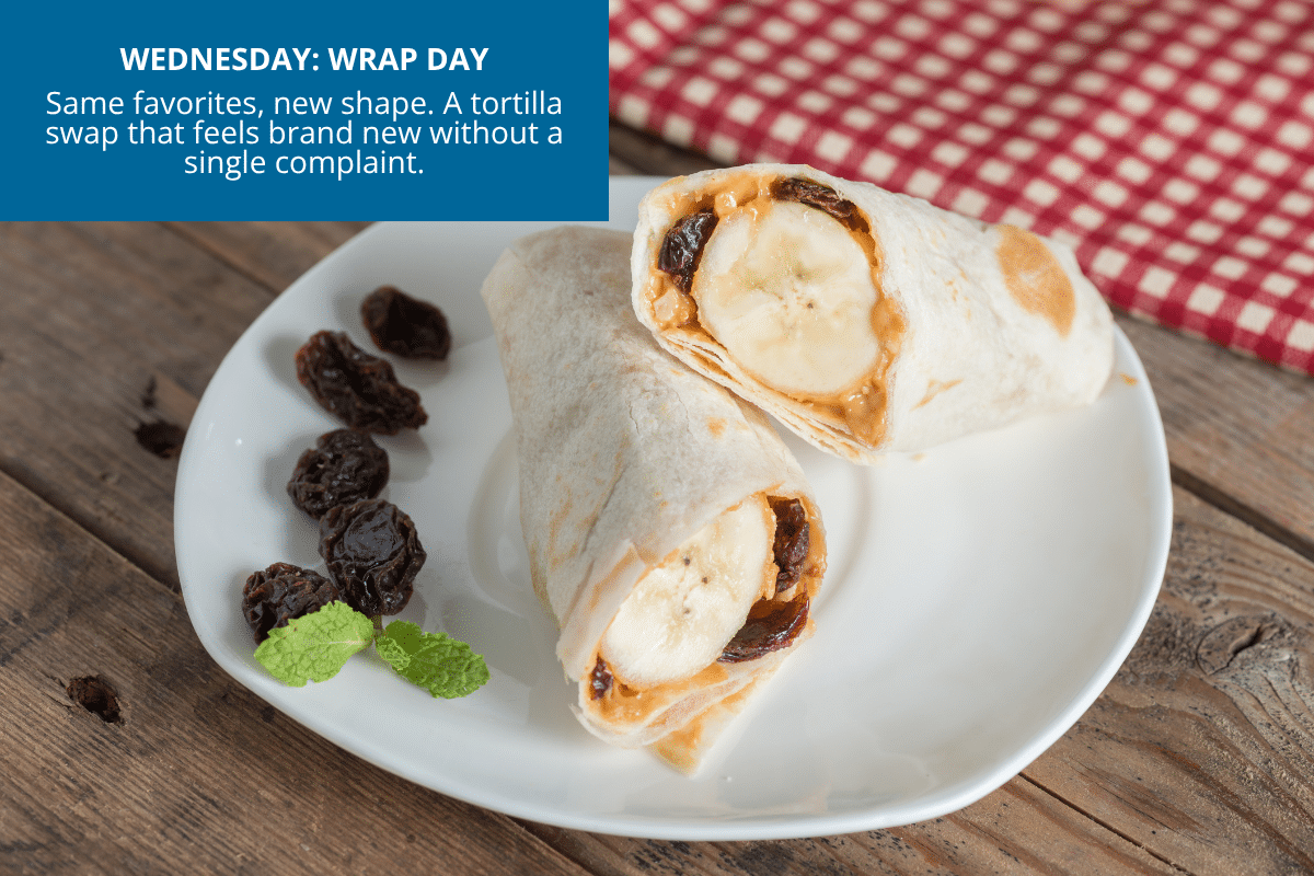wednesday wrap day banana peanut butter raisin in tortilla