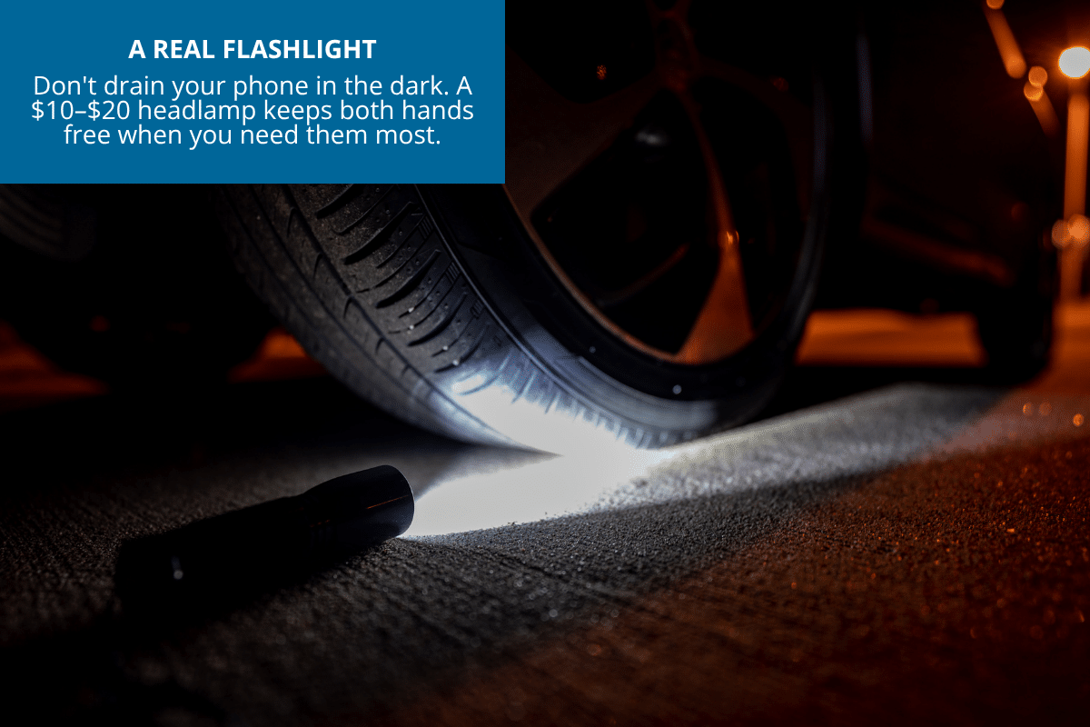 changing a flat tire at night with a flashlight