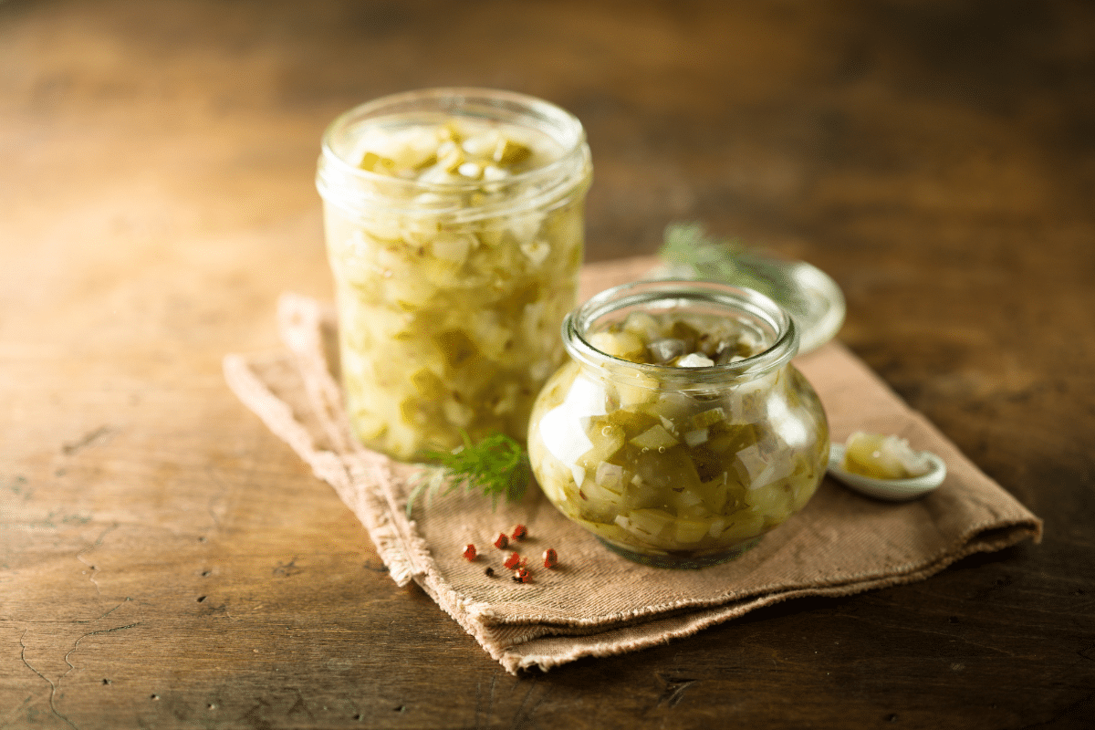 cucumber relish in glass jars for freezing