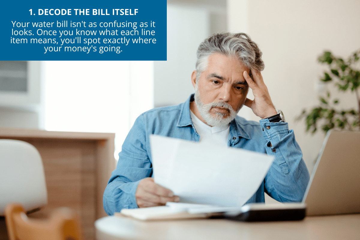 decode the water bill man looking perplexed at utility bill