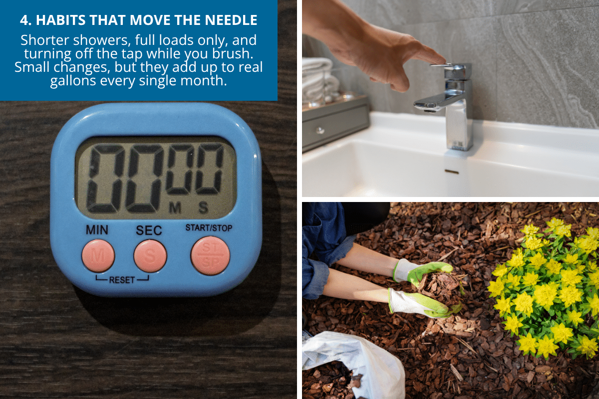 habits to lower your water bill shower duration running water mulch