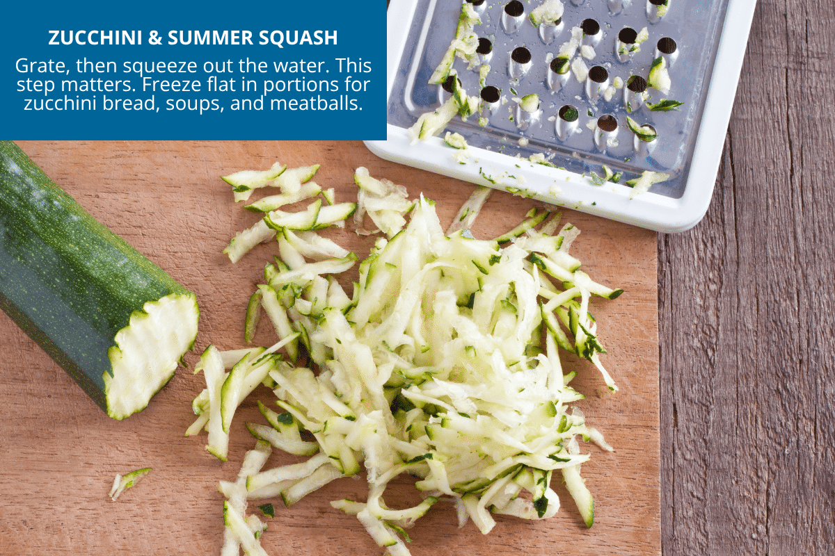 box grater and grated zucchini for freezing
