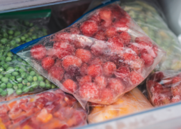 frozen bags of produce strawberries raspberries peas peppers
