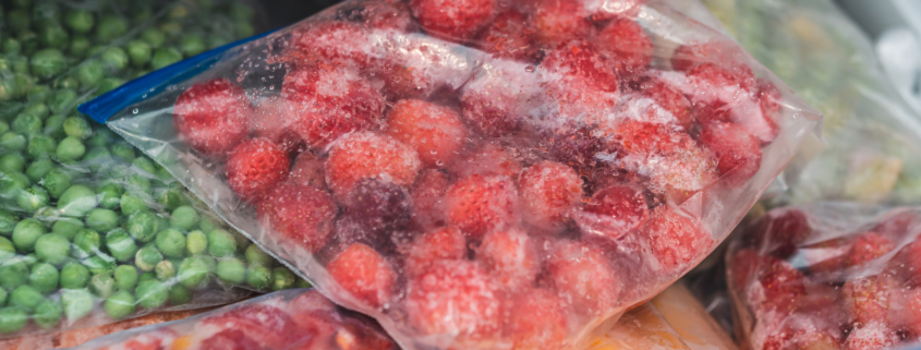 frozen bags of produce strawberries raspberries peas peppers