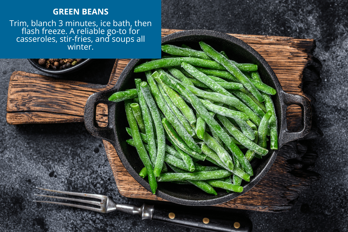 frozen green beans in a cast iron skillet
