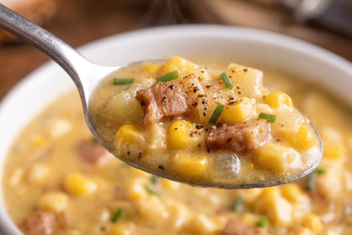close up of a spoon of corn chowder with bacon potatoes and onions