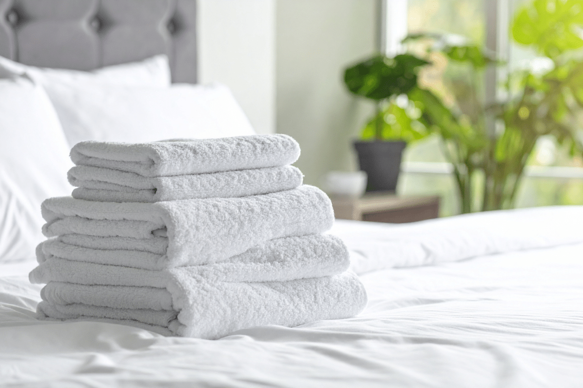 white towels sitting on white linens on a bed