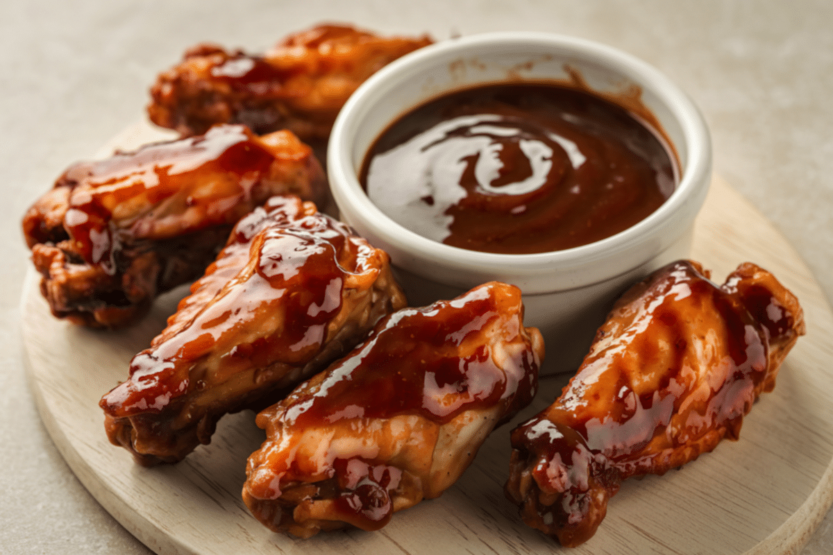 homemade barbecue sauce with BBQ wings on a wood tray