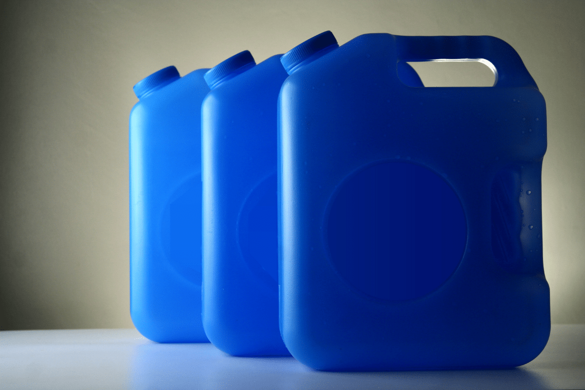 emergency water supply in plastic blue jugs
