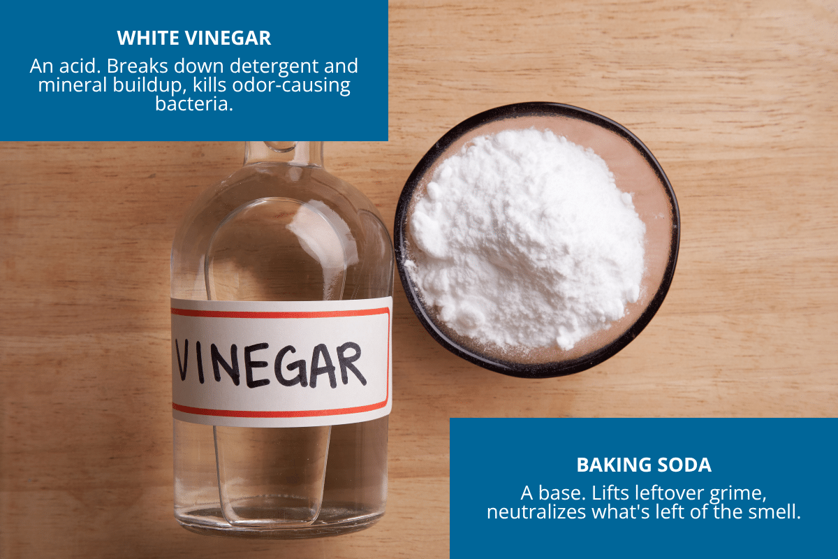 vinegar in glass jar and baking soda in glass bowl on wooden countertop