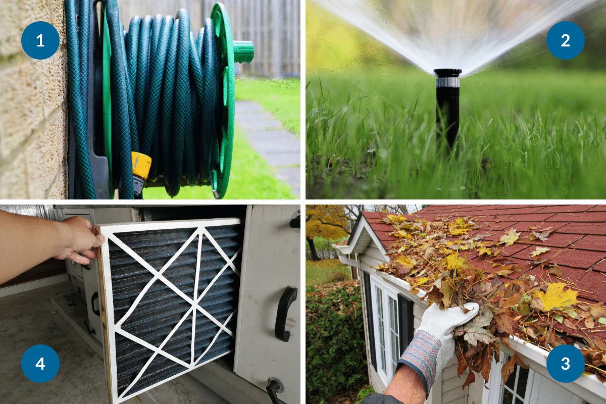 winterize hoses sprinkler system clean gutters change furnace filter