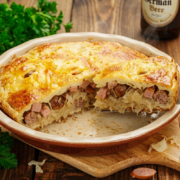 oktoberfest bratwurst sausage and sauerkraut cabbage pie