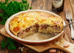 oktoberfest bratwurst sausage and sauerkraut cabbage pie