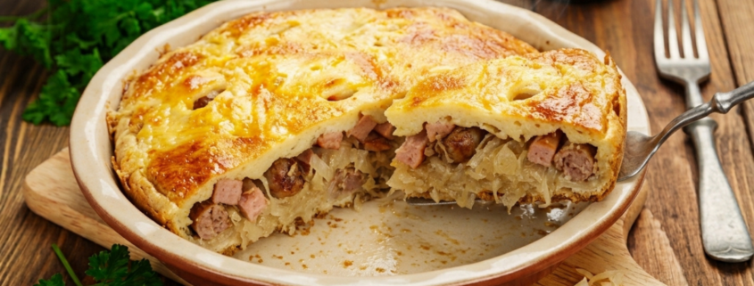 oktoberfest bratwurst sausage and sauerkraut cabbage pie