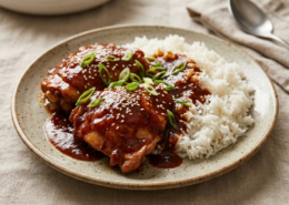 chinese chicken in slow cooker with white rice recipe with sesame seeds and scallions