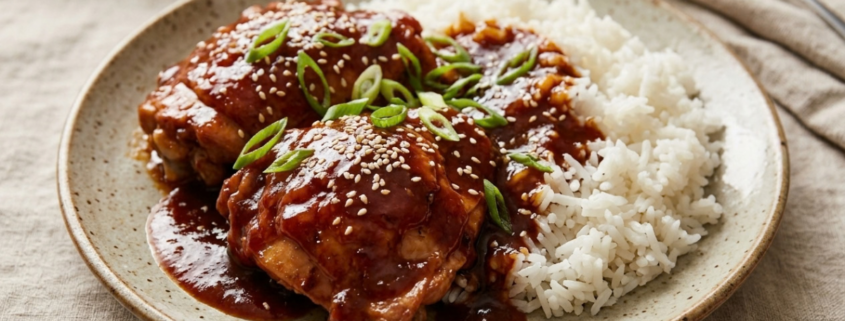 chinese chicken in slow cooker with white rice recipe with sesame seeds and scallions
