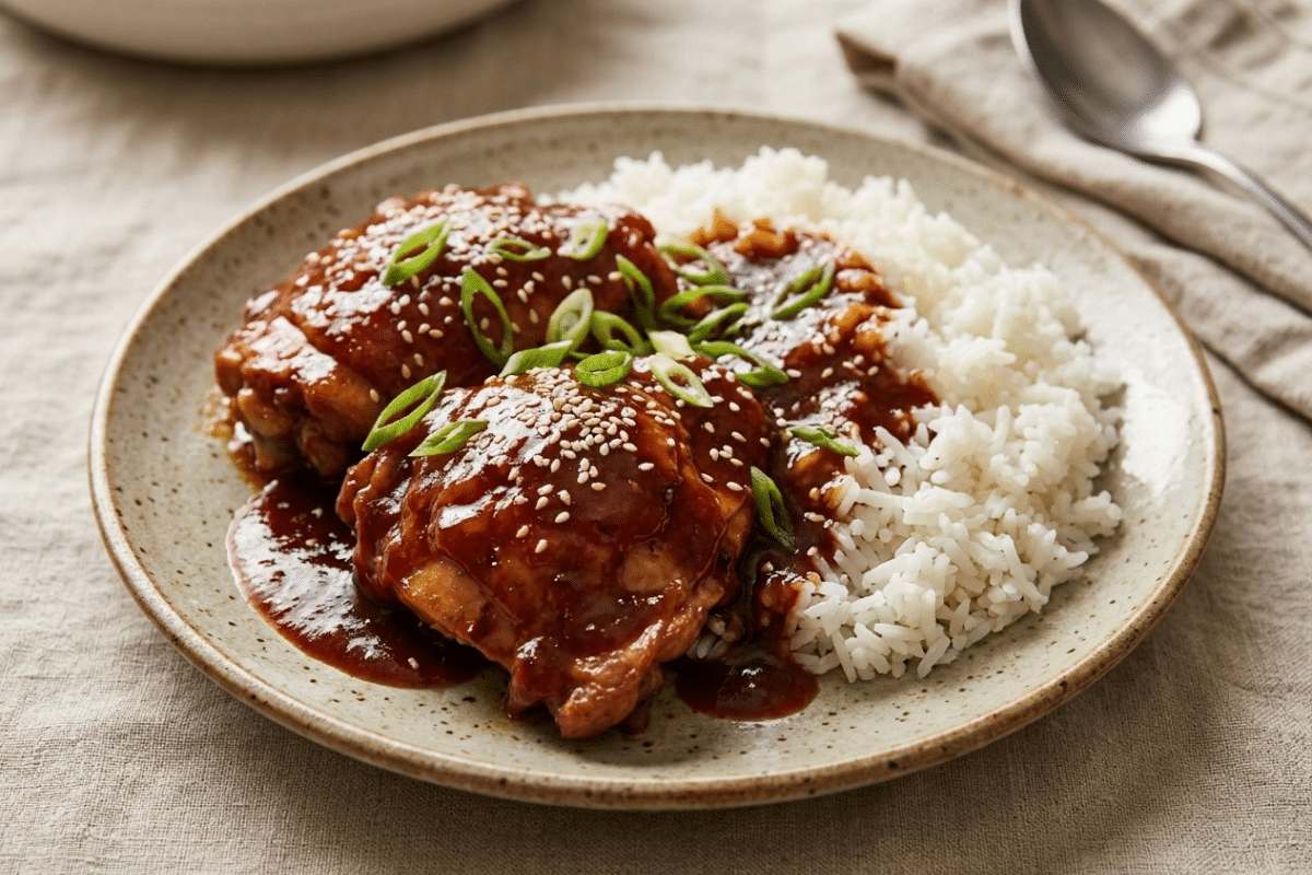 chinese chicken in slow cooker with white rice recipe with sesame seeds and scallions