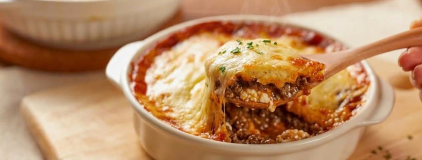 impossible lasagna pie recipe with wooden serving spoon in white casserole dish