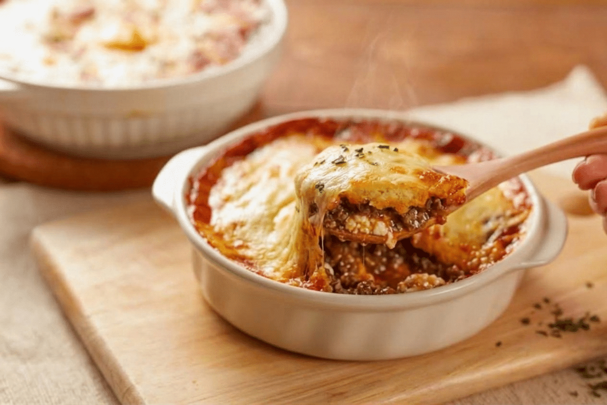 impossible lasagna pie recipe with wooden serving spoon in white casserole dish