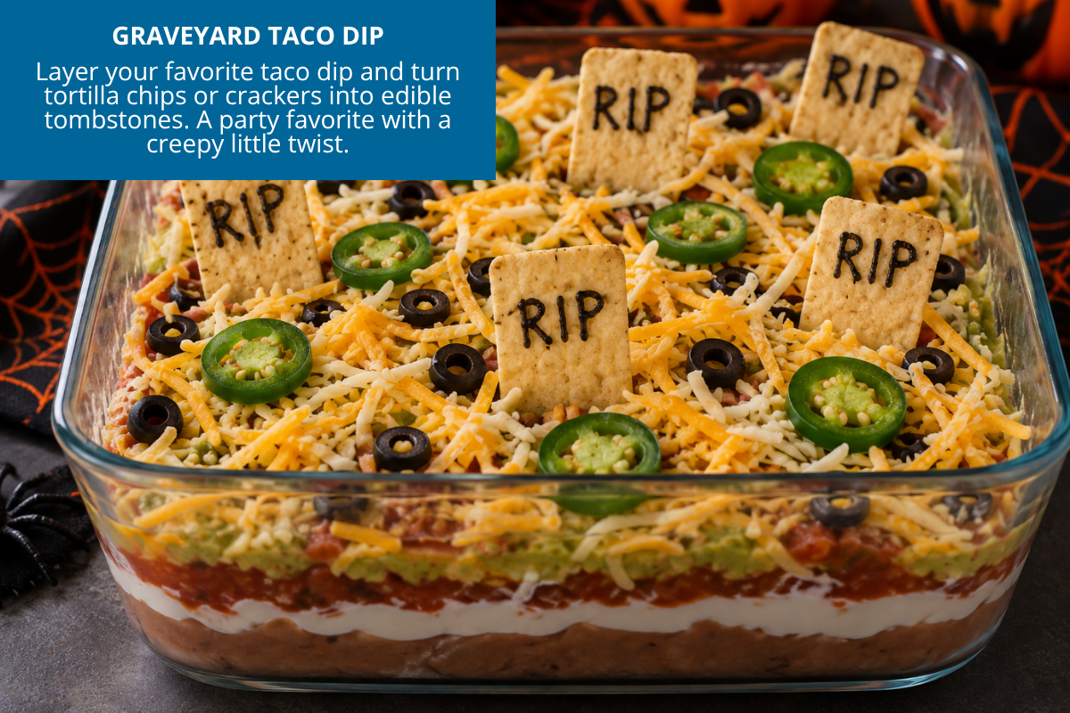 7 layer dip graveyard taco dip with tortilla strips RIP tombstones