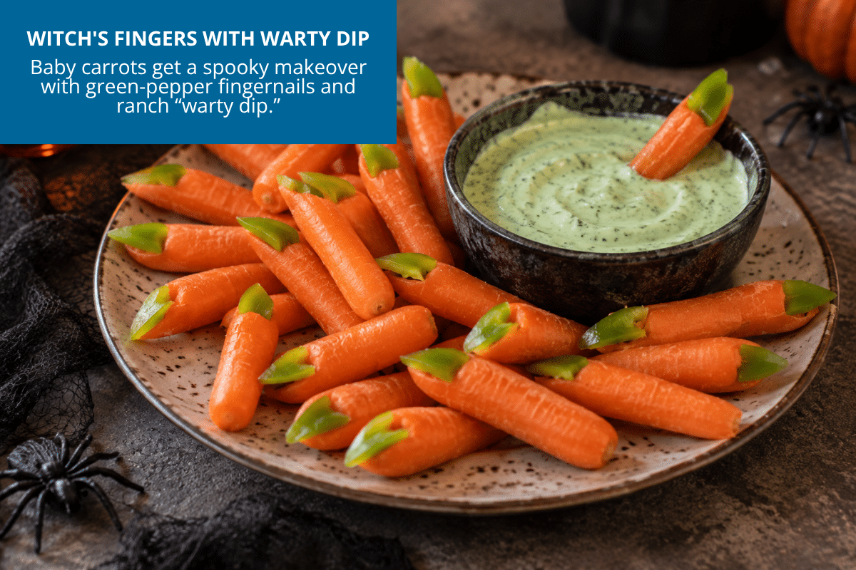 baby carrots made to look like witch fingers with green dip