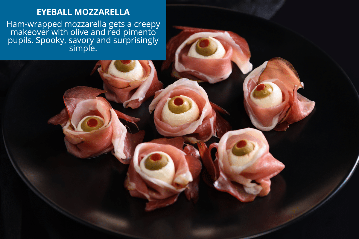 eyeball mozzarella balls with olives and ham