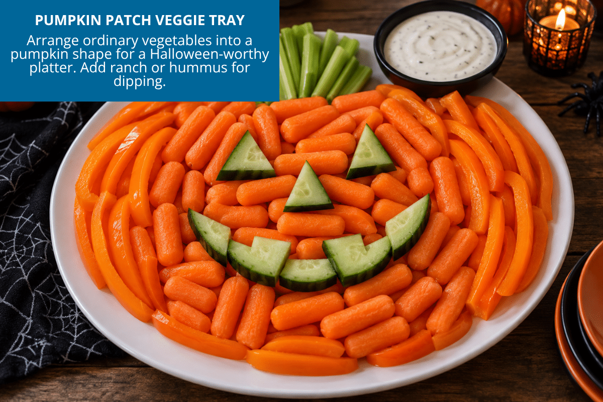 pumpkin shaped veggie platterusing carrots orange bell peppers cucumber celery ranch or hummus