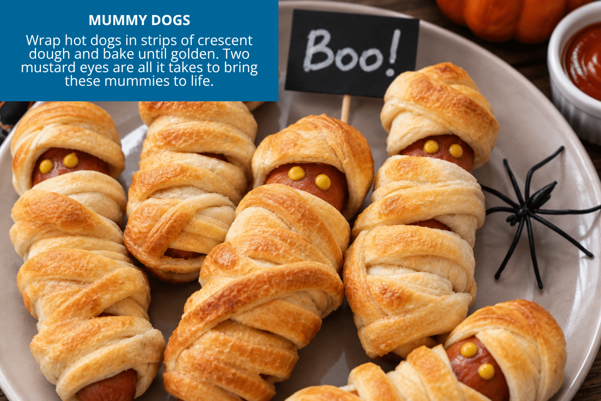 mummy dogs hot dogs wrapped in crescent dough with mustard eyes