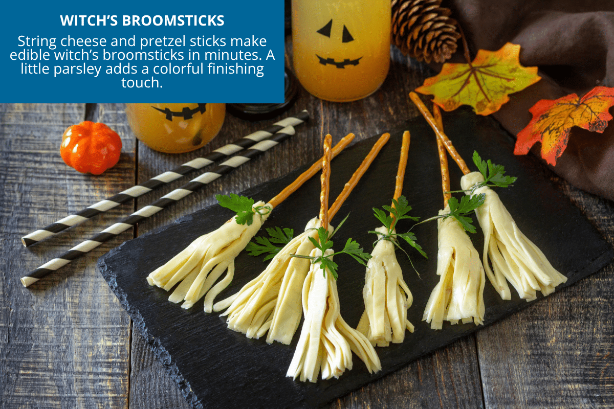string cheese and pretzel witch broomsticks for halloween