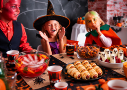 cheap Halloween party snacks for kids punch bowl mummy dogs ghost bananas