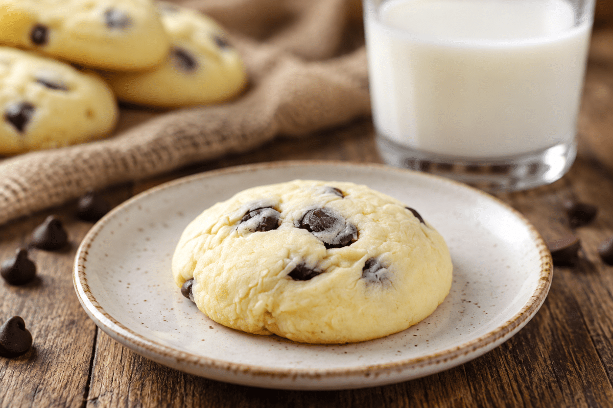 close up of a cake mix chocolate chip cookie served with milk