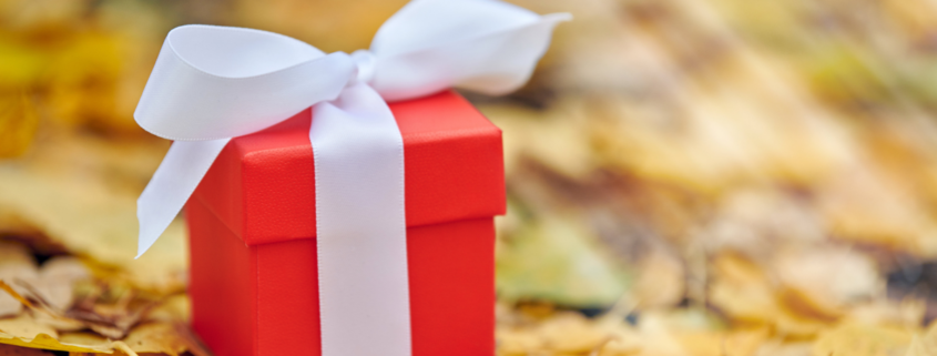 red present sitting in autumn leaves Amazon Prime Big Deal Days gifts
