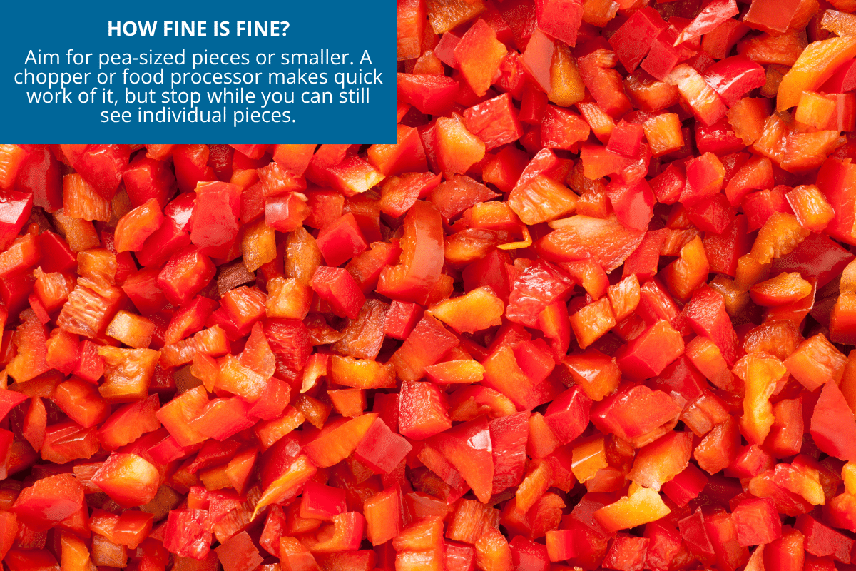 Red bell peppers finely chopped into small pieces for sweet pepper and onion relish