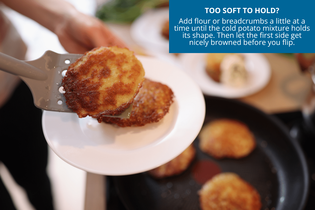 Leftover mashed potato cakes cooking in a skillet