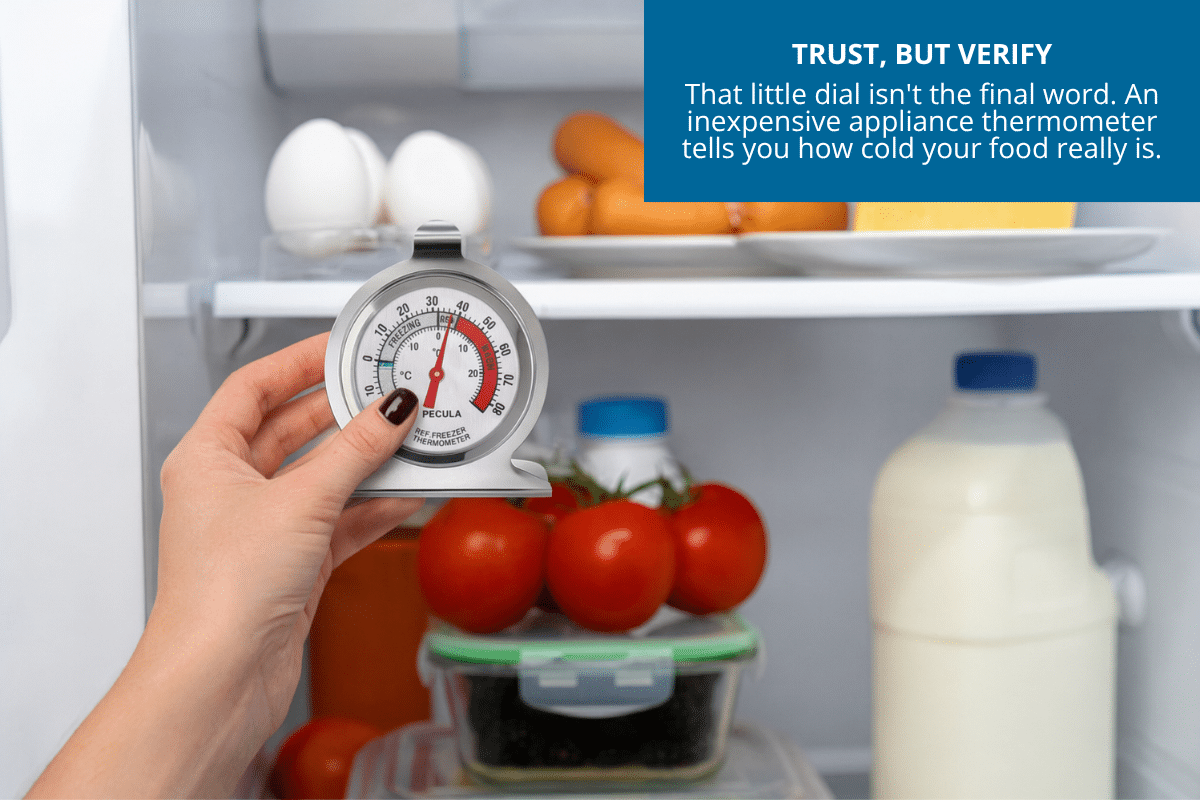 Appliance thermometer checking the temperature inside a refrigerator