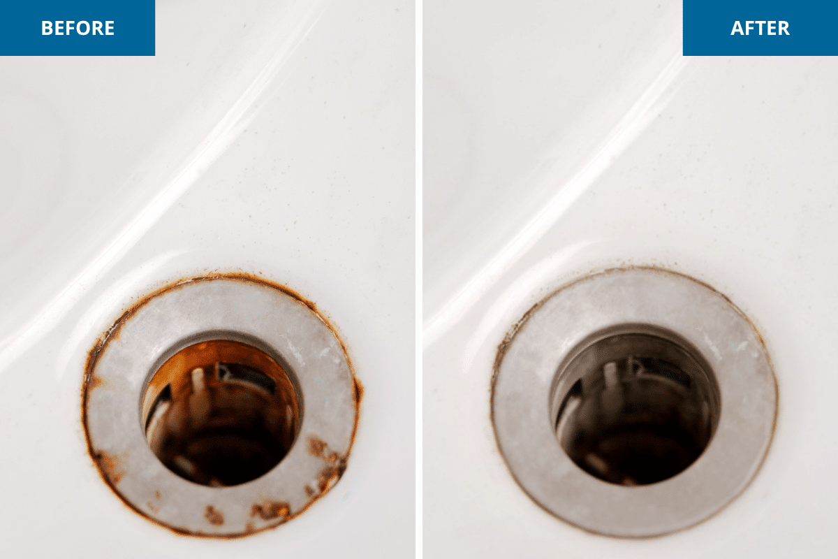 Rust stains on a porcelain sink drain before and after cleaning