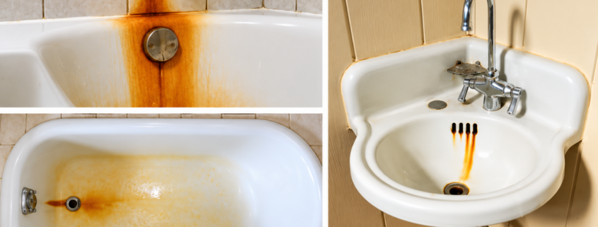 Rust stains on a white bathtub and bathroom sink caused by iron in water
