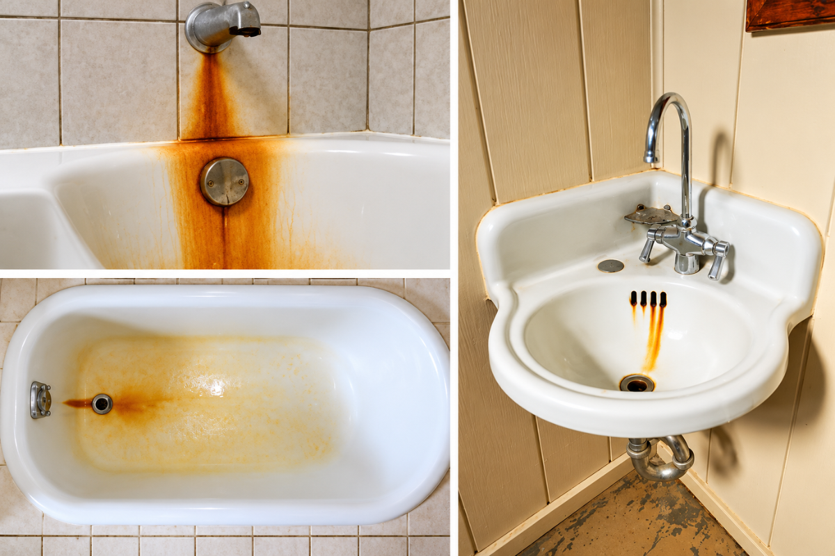 Rust stains on a white bathtub and bathroom sink caused by iron in water