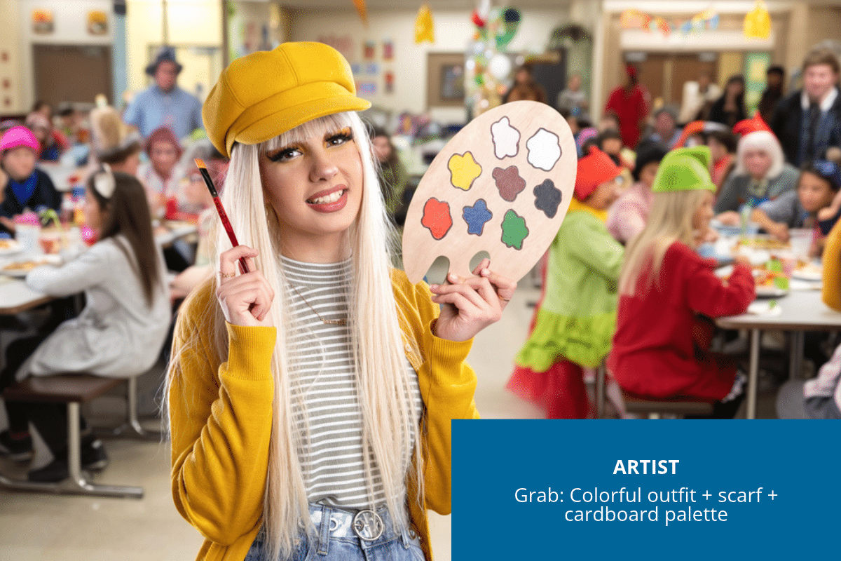 Girl dressed as an artist in colorful clothes and a scarf, holding a homemade paint palette