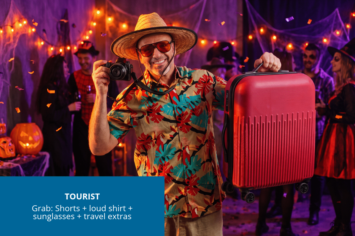 Man in a last-minute tourist costume with a bright shirt, shorts, sunglasses and travel accessories