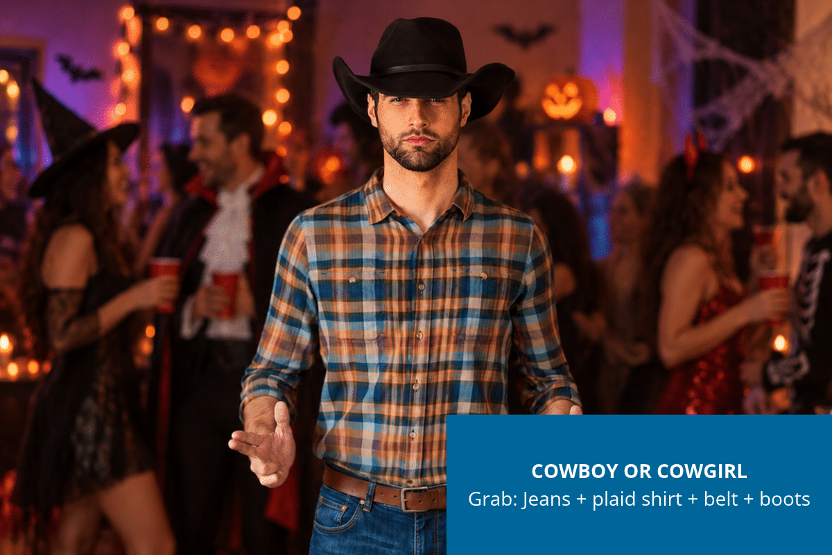Person dressed as a cowboy in jeans, a plaid shirt, boots and a cowboy hat