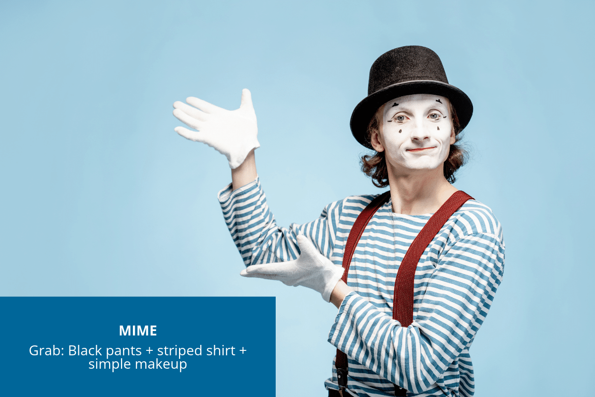 Person dressed as a mime in black pants and a striped shirt with simple black-and-white face makeup