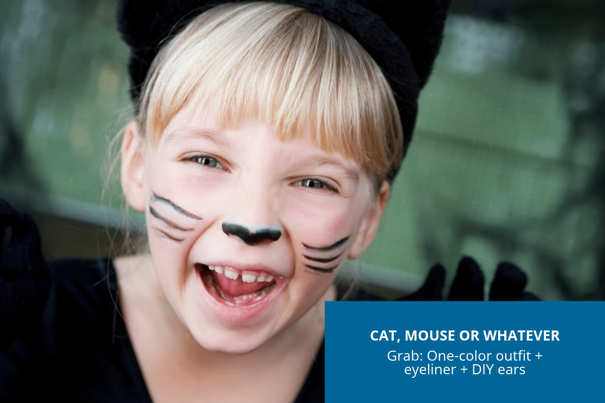 Young girl wearing a simple homemade animal costume with a solid-color outfit, whiskers and DIY ears