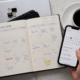 Paper calendar and digital calendar on a smartphone side by side
