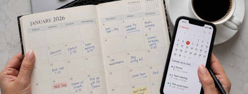 Paper calendar and digital calendar on a smartphone side by side