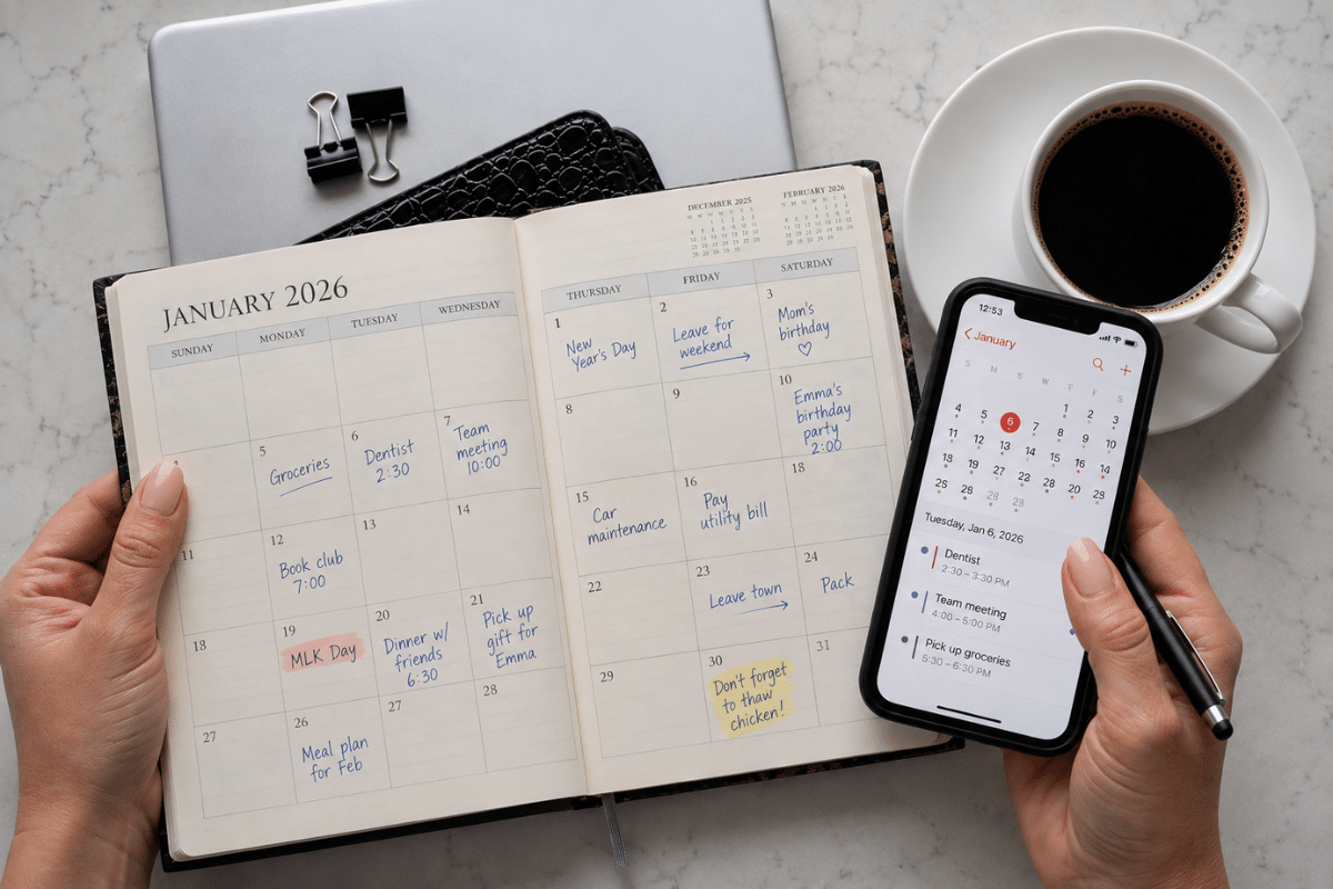Paper calendar and digital calendar on a smartphone side by side